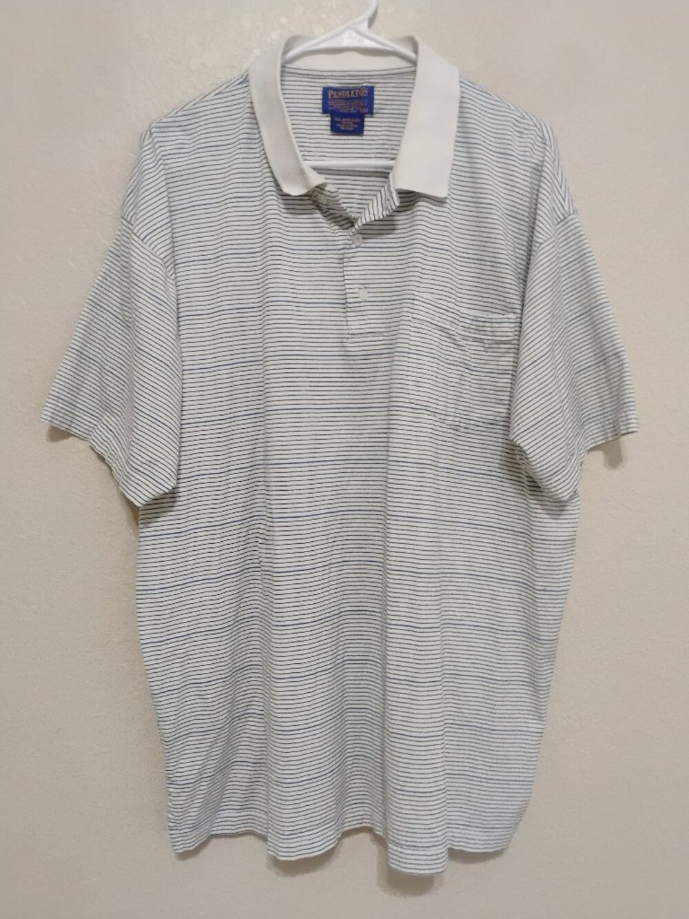 Pendleton Mens XXL White Blue Striped Cotton Polo Shirt Pocket Preppy